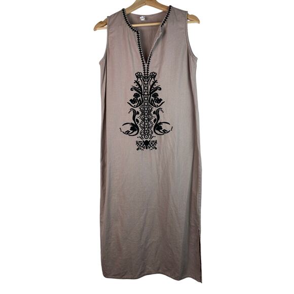 Sigrid Olsen Women's Size S Sand Gray Black Embroidered Boho Maxi Shift Dress - Picture 1 of 7